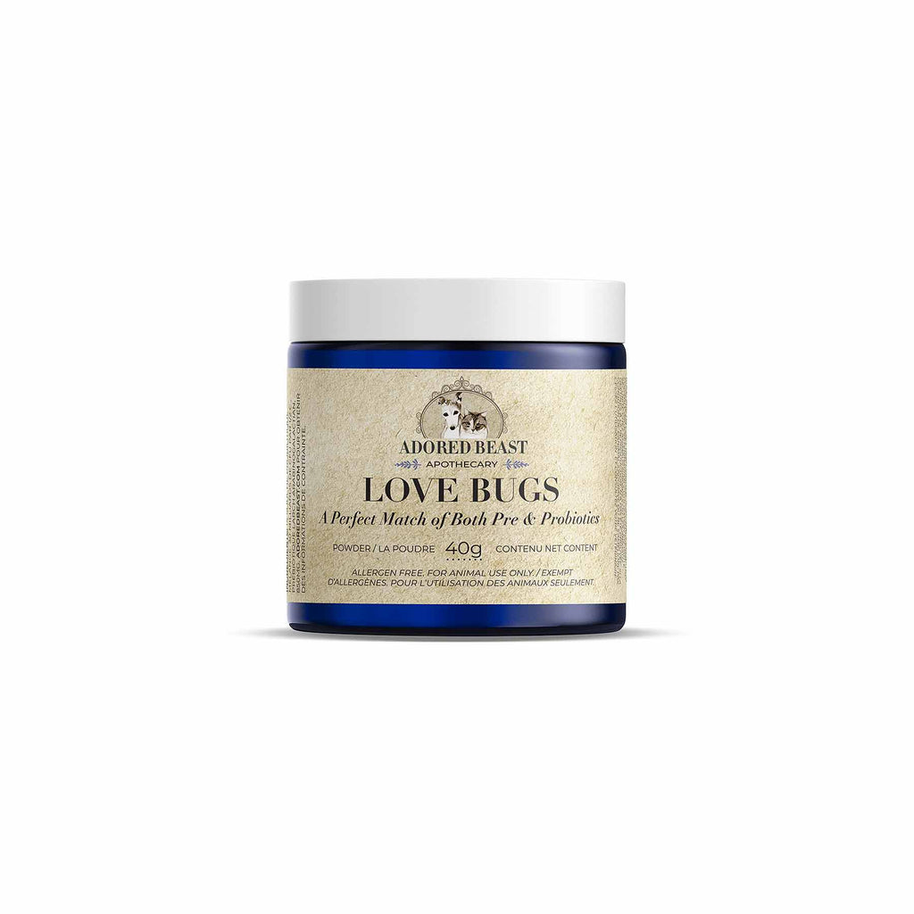Jar of 'Love Bugs' by Adored Beast on a white background. 40g jar.