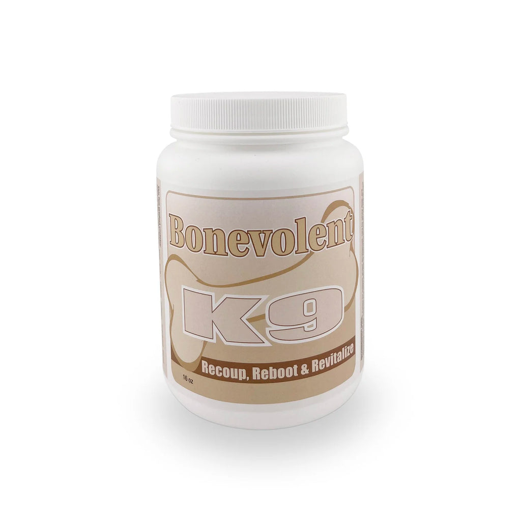 White supplement jar with 'Bonevolent K9' label on a white background with a bone shape logo by feed sentials
