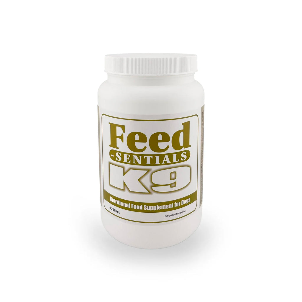 White container of Feed Sentials K9 supplement on a white background 1.25 litre container.