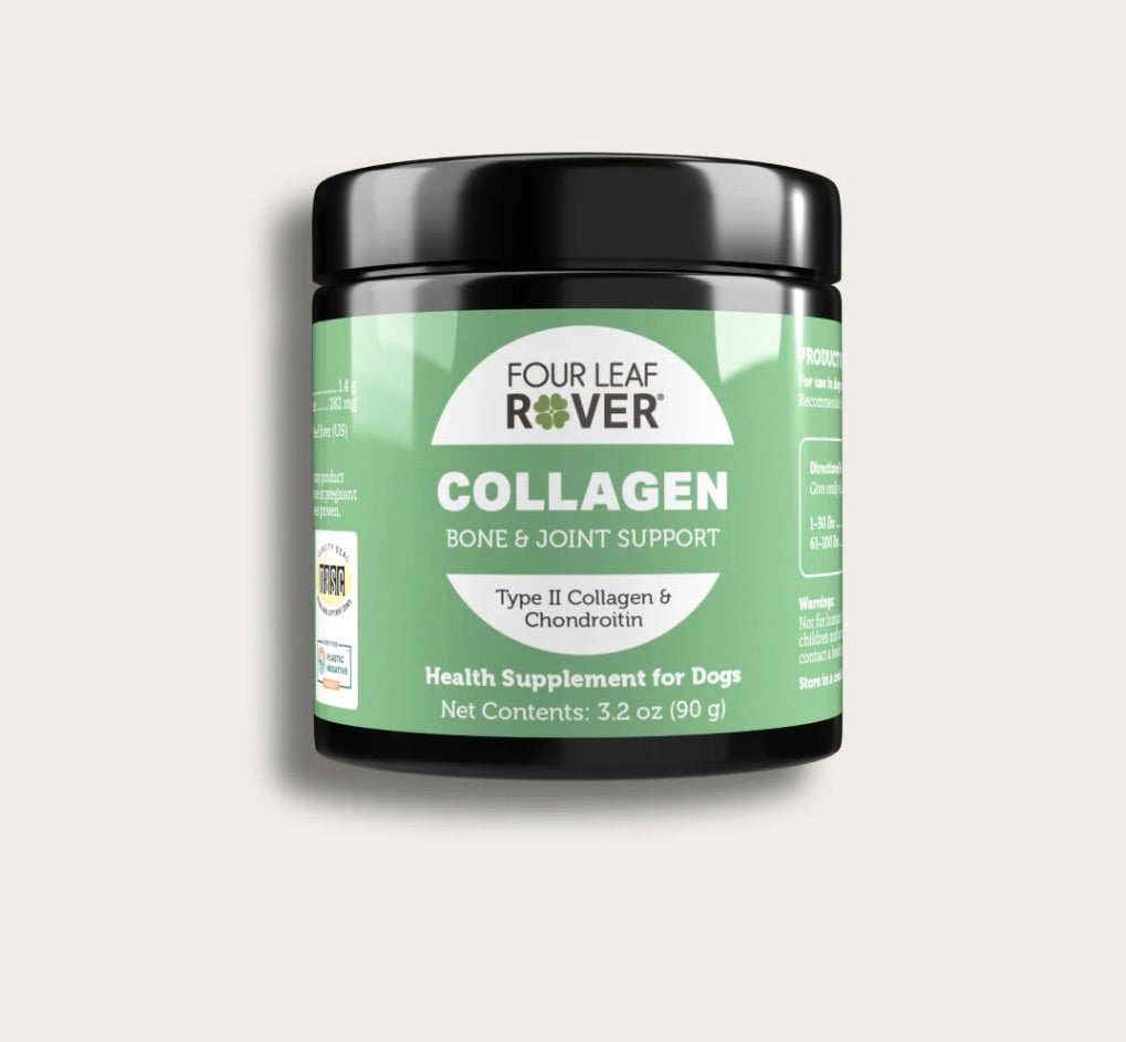 Four Leaf Rover Beef Collagen for healthy cartilage and bones. Type I and Type II Collagen for dogs.
