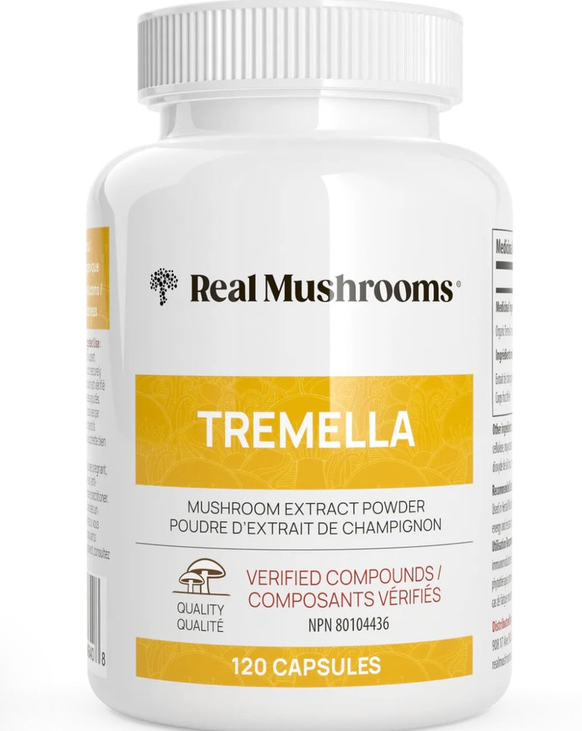 Bottle of Real Mushrooms Tremella mushroom extract powder 120 capsules on a white background