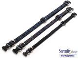 Three dog collars with a blue and black pattern on a white background, featuring the brand 'Serenity 2000'.