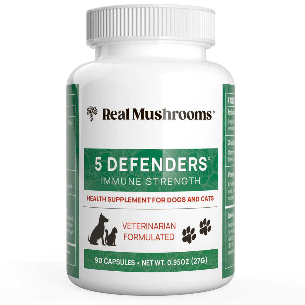 Real Mushrooms 5 defenders for dogs and cats 90 capsules. Available in Canada