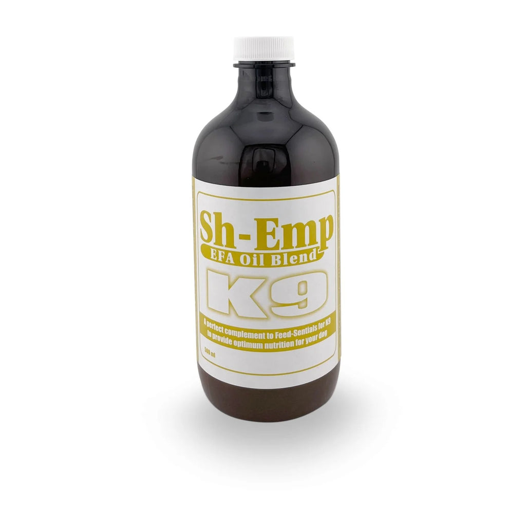 Bottle of Sh-Emp K9 EFA Oil Blend on a white background. Optimum nutrition for dogs. Perfect compliment to Feed-sentials