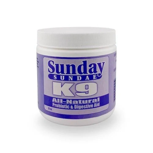 Jar of Sunday Sundae K9 All-Natural Probiotic & Digestive Aid  purple label on a white background by Feed-sentials. 12 oz jar