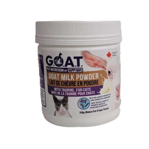 Container of Happy Days GOAT milk powder for cats on a white background showing picture of a grey and white cat and a goat with a canadian maple leaf symbol.