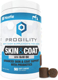 A container of Progility Skin & Coat soft chews for dogs with Icelandic Krill Omega 3 & Probiotics, alongside two soft chews displayed in front.