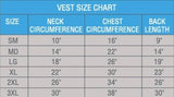 CoolAid cooling vest size chart