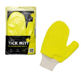 Yellow glove with gray cuff and packaging labeled 'Tick Mitt' on a white background