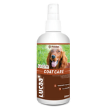 Bottle of Lucaa coat care product for dogs on a white background. Irish Setter dog photo. Spray bottle containing omega 3's for healthy, shiny skin and coat.