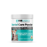 Furbabies Dental Care Powder container on a white background. key points icelandic kelp powder with turkey tail mushrooms. for dogs and cats. for plaque, tartar and bad breath made in Canada
