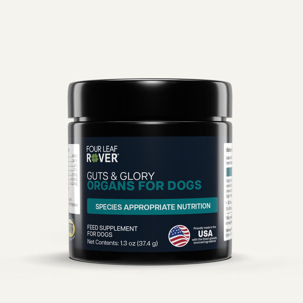 black jar four leaf Rover Guts & Glory feed supplement for dogs on white background