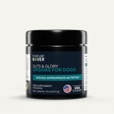 black jar four leaf Rover Guts & Glory feed supplement for dogs on white background