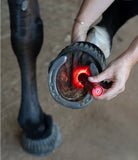 Person using a red light therapy torch on a horse's hoof with a red light.