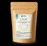 Brown package of 'Calm' organic herb garden for cats with a label with a graphic of a cat lying on its back feeling calm. 