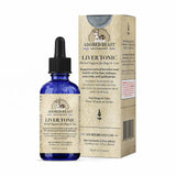 blue glass bottle with dropper top containing liquid tincture beside box it comes in with adored beast logo of cat and dog. 60ml made in canada
