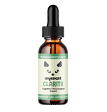Amber glass Bottle of mycocat Clarity mushroom supplement for cats on a white background.