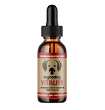 Amber glass 2 oz. Bottle of mycodog Vitality supplement for dogs on a white background