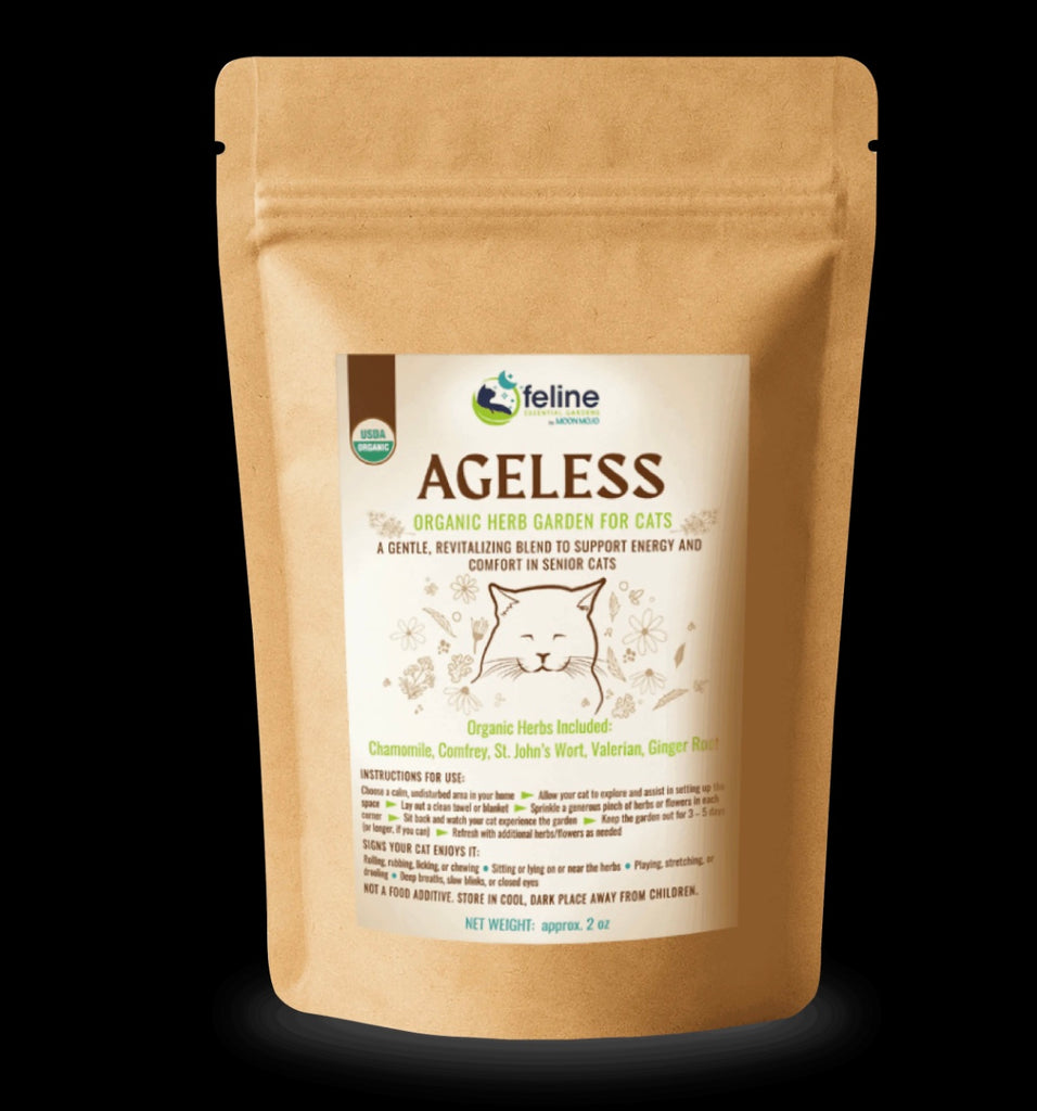 Package of 'Ageless' organic herb garden for cats with a cat illustration on a white background
