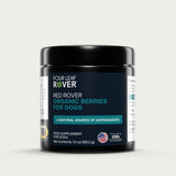 black jar with Four Leaf Rover Red Rover organic berries supplement for dogs. Natural source of antioxidants in blue and white label.
