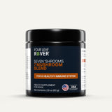 Four Leaf Rover seven shrooms label on black jar. 7 Mushroom blend for dogs