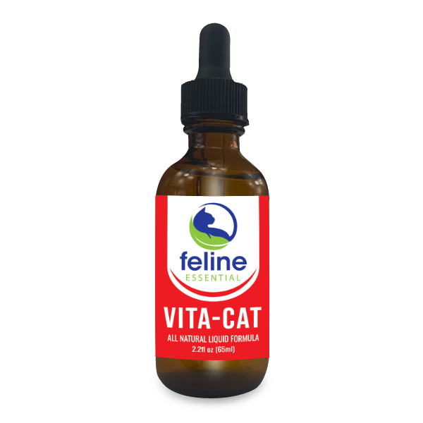 Bottle of Two Crazy Cat Ladies Feline Essential Vita-Cat all natural liquid formula  2.2 fl. oz with dropper top