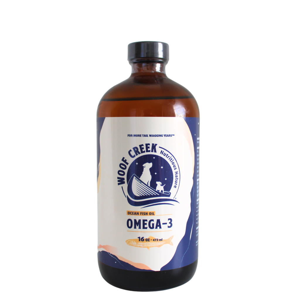 woof creek omega 3 fish oil for dogs and cats. 16oz amber glass bottle. Herring, mackerel, sardine, anchovy