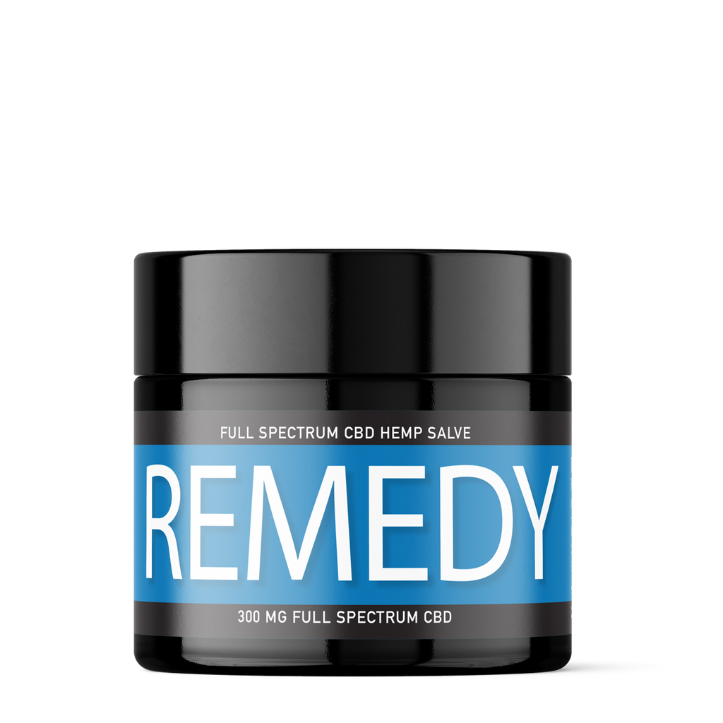 Black jar with blue label featuring the word 'REMEDY' on a white background.