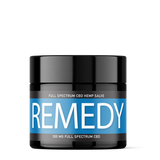 Black jar with blue label featuring the word 'REMEDY' on a white background.