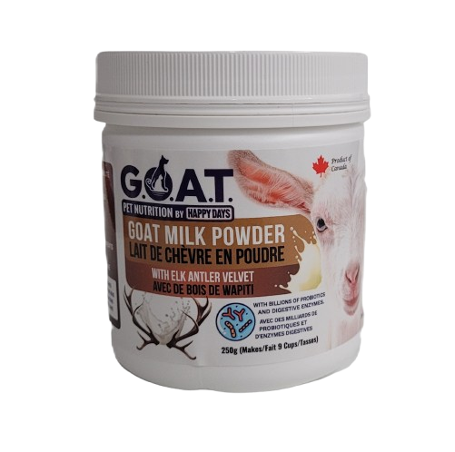 Happy Days Goat Milk Powder container with branding and product details on a white background. photo of a goat, decal of elk antlers. Canadian maple leaf sympbol