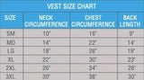 CoolAid cooling vest size chart 
